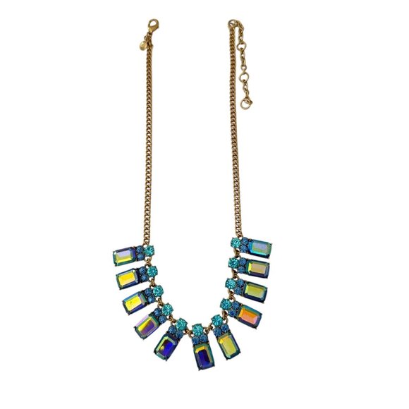 J Crew Statement Necklace Iridescent Blue Turquoise Crystal Stones Gold Adjustab - Picture 14 of 16
